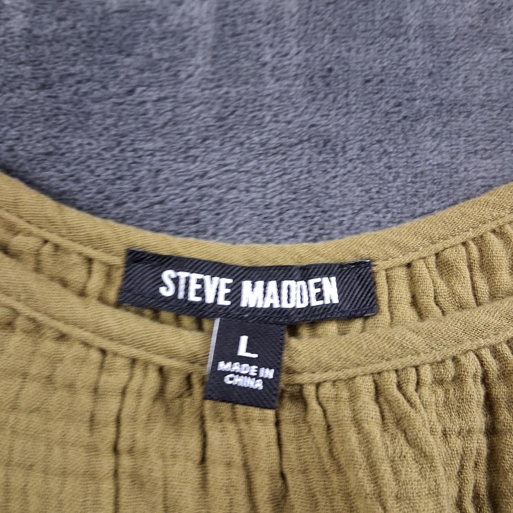 Steve Madden Maxi Dress Womens Large Olive Green Gauze Smocked Waist Side Slit - Picture 6 of 9